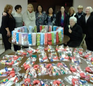 Bags made by the Women's Auxiliary for Outreach Children's Knights of Columbus party